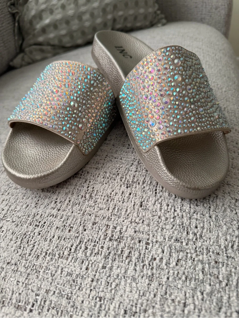 INC International Concepts Metallic Taupe Slide Sandals with Iridescent Crystals